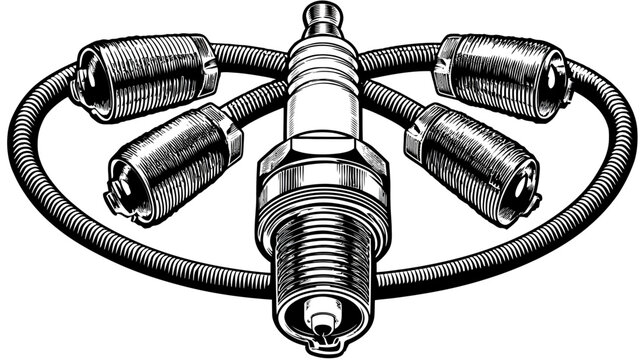 Black and white illustration of an automotive spark plug with four connected terminals and a circular cable