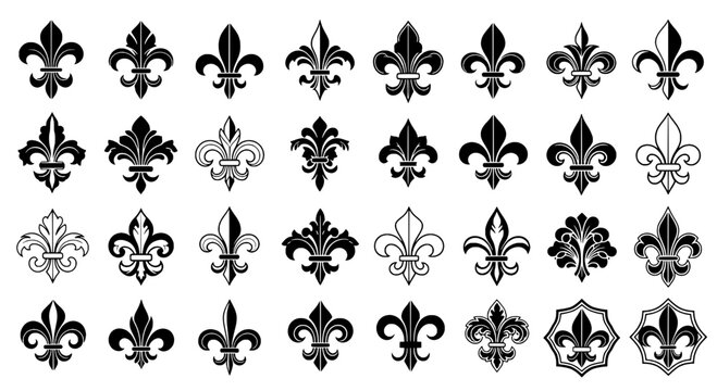 Fleur de lis symbol set with ornate black and white designs, decorative heraldic motifs. featuring icons, collection, emblem with crest and logo