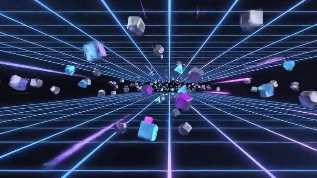 Vibrant neon lines radiate outward with floating cubes in a dark futuristic space