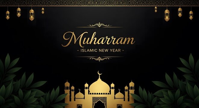 Happy muharram day islamic festival of remembrance with colorful lighting and crescent moon