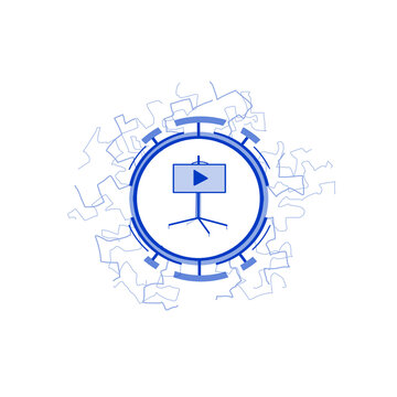 Projector screen icon in a round frame with lightning electric discharges blue color isolated on transparent background