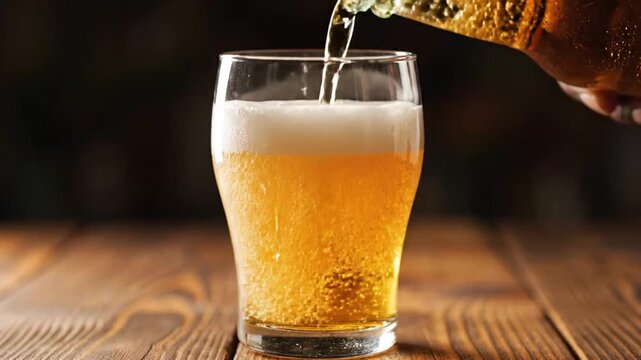 Pouring Cold Lager Beer from Bottle into Glass on Wooden Table