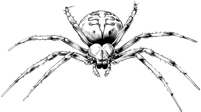 Detailed black and white ink drawing of a spider, capturing its eight legs and intricate body