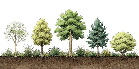A detailed illustration displaying a diverse collection of trees and shrubs in a natural setting. © md
