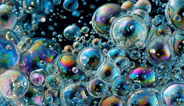 Close-up view of iridescent soap bubbles clustering together against a dark background, showcasing vibrant colors and reflections.