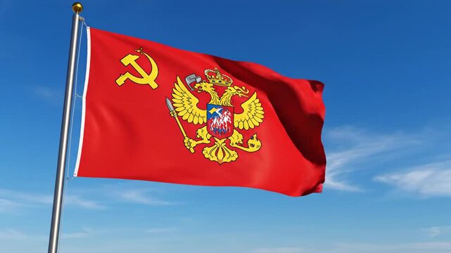Red Flag with Hammer and Sickle and Russian Coat of Arms.