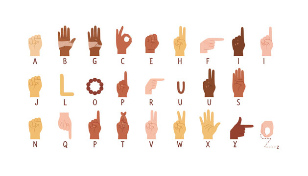 sign language alphabet horizontal poster with many races hands. Different skin colors vector illustration for ASL education poster, card, brochure, canvas, website,
