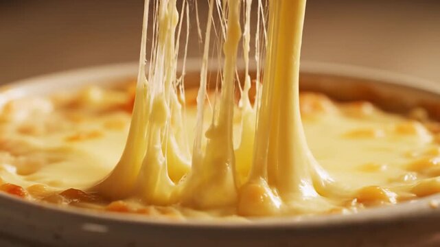 Spoon Lifting Gooey Melted Cheese From Hot Gratin Dish