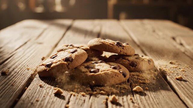 Chocolate chip cookies falling on rustic wooden table overhead shot
