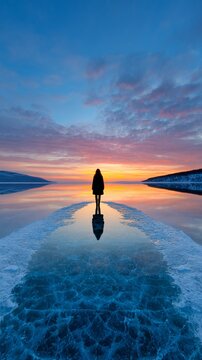 Vertical Surreal winter landscape photography of a lone woman's silhouette standing on a frozen lake path, watching a vibrant sunset with perfect reflection, representing mindfulness and self-discover