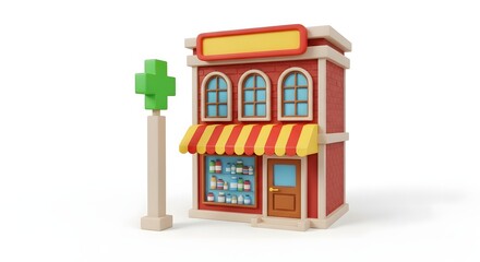 Fototapeta premium 3D miniature shop, red storefront, yellow awning, toy building