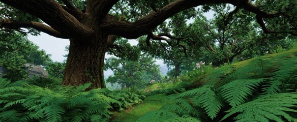 Obraz premium Charming view highlights majestic oak trees and vibrant ferns in perfect harmony with the ecosystem.