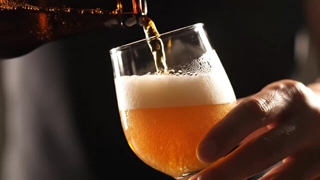 Cold Craft Beer Pouring Into Glass With Foam Close Up