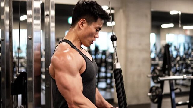 Man exercising with weights in modern gym focus on triceps muscle building