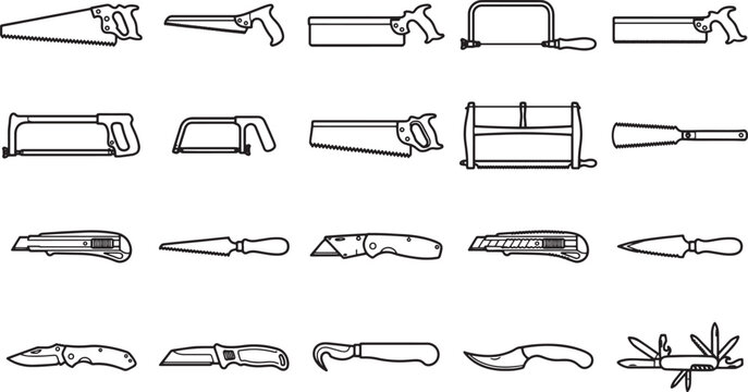 A diverse collection of saws and knives, each tool meticulously outlined, showcases the precision and versatility of tools.