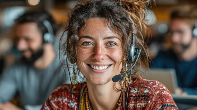 Cheerful Customer Service: A friendly customer service representative beams with a warm smile, exuding helpfulness and approachability while wearing a headset.