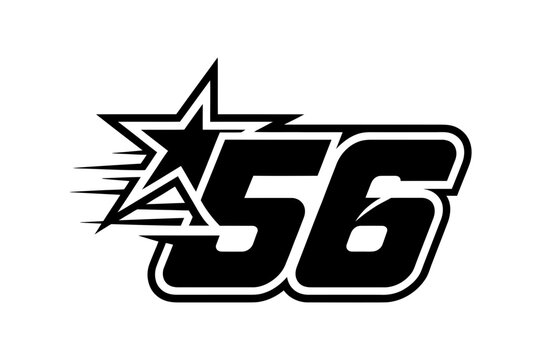 A black and white vector graphic illustration of a star and the number 56