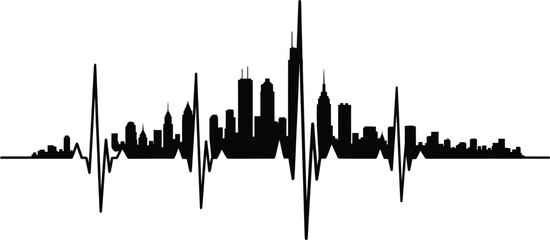 Naklejka premium City skyline silhouette in the form of an electrocardiogram