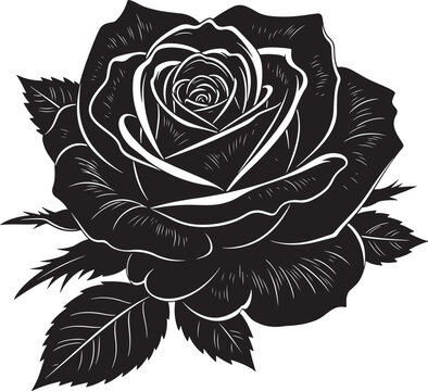 Elegant Black and White Line Art Rose with Detailed Petals and Leaves