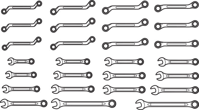 A comprehensive collection of various wrenches, perfectly aligned against a neutral backdrop, ready to fulfill any mechanical task with precision and ease.