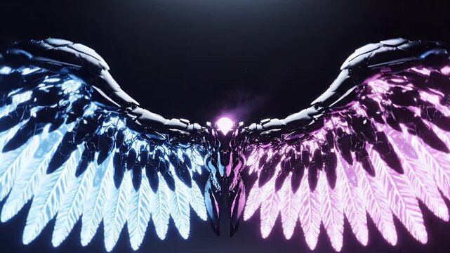 A striking digital artwork depicts a stylized, symmetrical winged creature with glowing blue and pink plumage against a dark, atmospheric background.