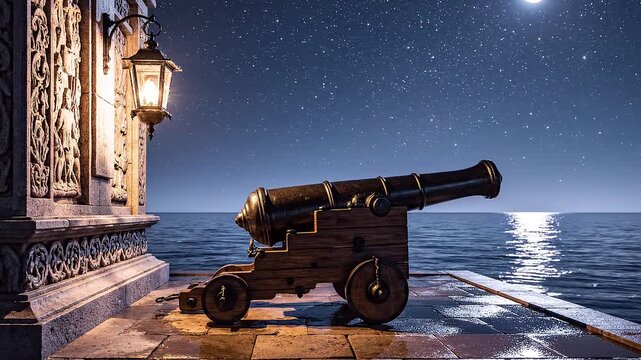 Antique cannon on a stone patio by the sea under a starry night sky artillery vintage