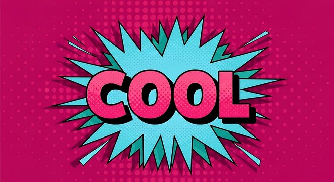 Vibrant pop art style illustration with the word cool in bold pink letters on a blue burst against a pink background