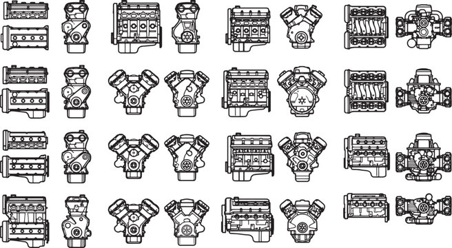An array of car engine designs, a detailed graphic representing the power and complexity. The collection features various perspectives.