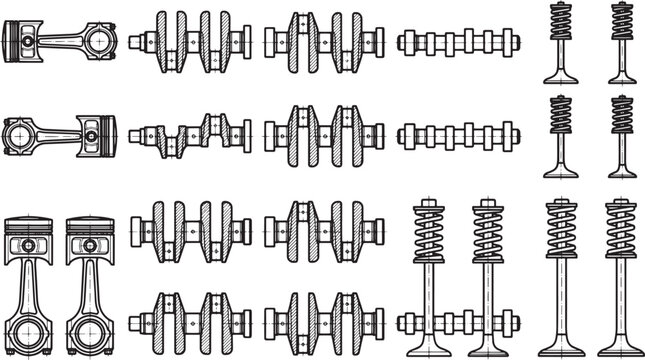 Precision illustration of internal combustion engine components, presented with clean lines and technical accuracy, suitable for educational or industrial applications.