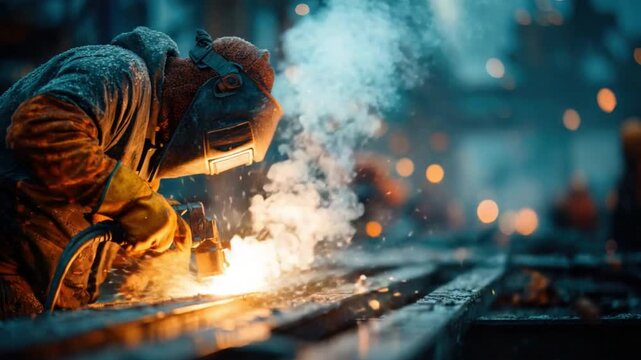 Welder at Work: A skilled welder, shielded by a protective helmet, expertly manipulates a welding torch, sparks illuminating the intense work environment.