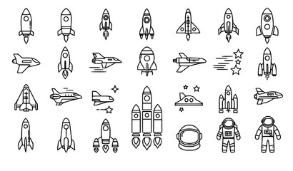 Rocket spaceship line icon set space technology vector collection © MdMiraz