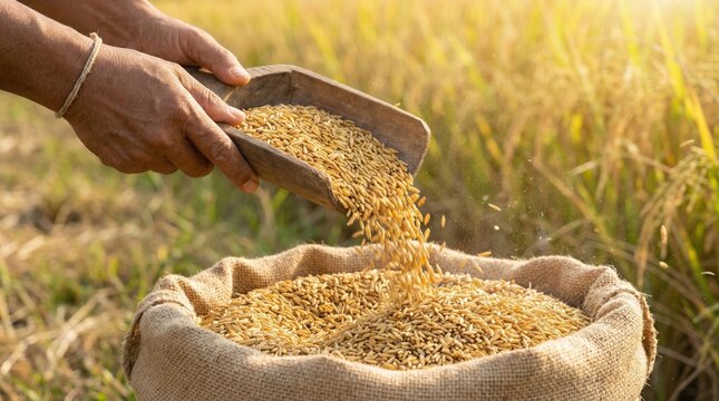 Farmer's hands scoop fresh rice into a burlap sack in a golden field