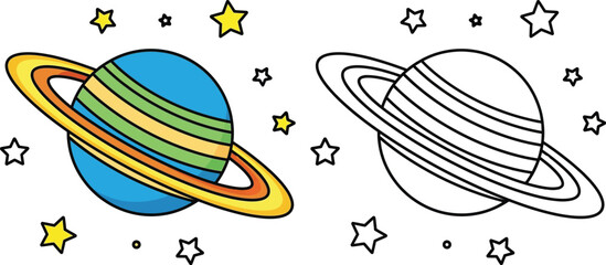 Colorful Striped Planet with Rings and Stars Cartoon Vector Illustration © Snehashish Pritom