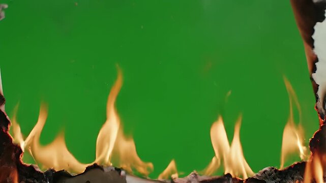 Burning paper reveals a vibrant green underneath, creating a dramatic contrast.