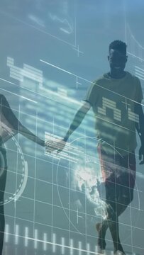 Vertical video: Couple walking shore holding hands, tech HUD appearing on hands, dial mapping data
