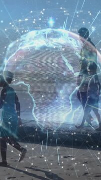 Vertical video: Family entering left, walking shore, sparking holo tech globe over kids for bonding