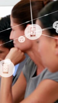 Lead woman turning, thinking at business meeting icons appearing frame 2 showing network over faces