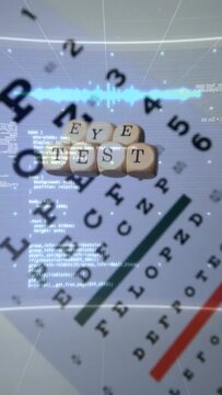 Vertical video: Handheld tilt initiating HUD, Snellen chart and wooden cubes centering for eye test