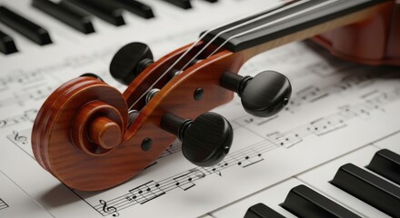 Fototapeta premium Violin Scroll Resting on Piano Keys with Sheet Music