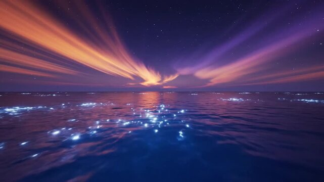 Deep Blue Ocean Meets a Twilight Sky Painted With Streaks of Orange and Purple Light