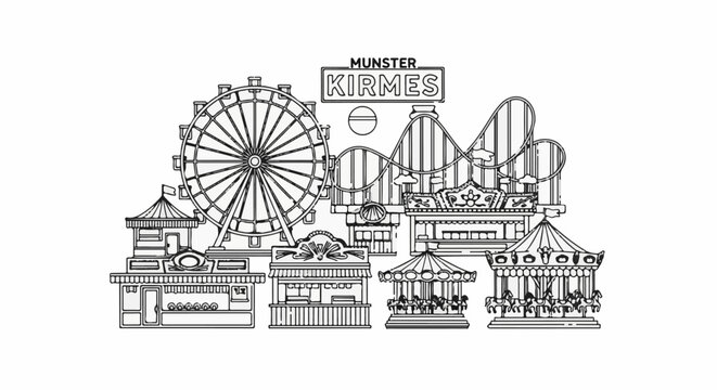 A lively amusement park scene unfolds with a towering Ferris wheel and a thrilling rollercoaster