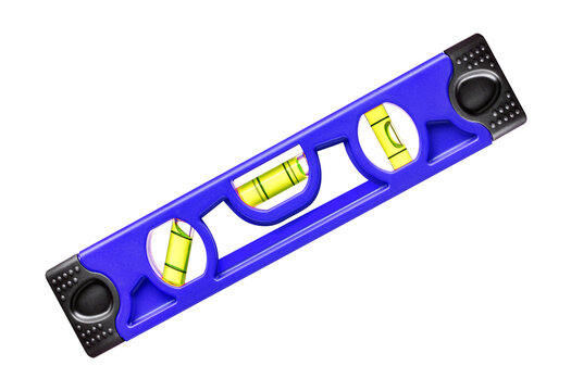 A blue bubble level with three spirit vials and a smiley face indicator isolated on transparent background