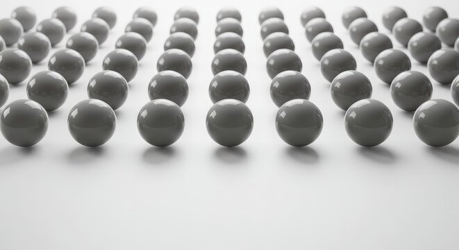 A perfect grid of identical gray spheres floating precisely above a featureless white plane, illustrating absolute geometric synchrony, identity, zero, simple