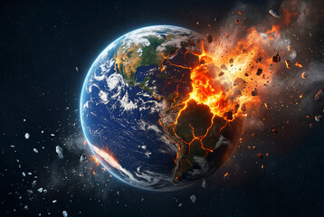 Obraz premium Exploding earth globe in space depicting environmental destruction catastrophic global warming concept