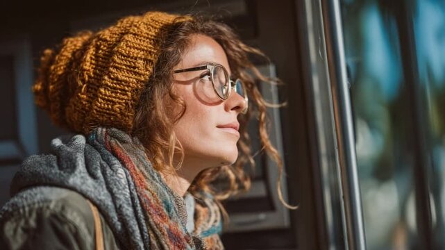 The girl in the Sun: A young woman with a knitted cap and glasses gazes out of the window into the sunlight, lost in thought. A tender moment with an air of thoughtfulness and reflection.