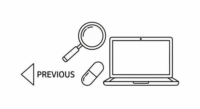 A digital graphic of a laptop, magnifying glass, and capsule