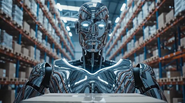 Humanoid robot worker moving boxes inside a modern distribution warehouse facility to perform automated logistical tasks.
