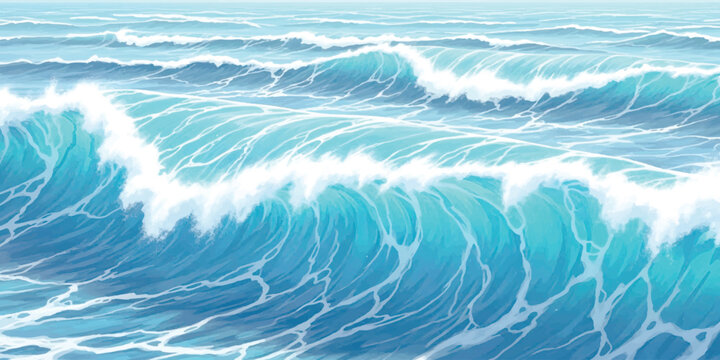 A vibrant and artistic illustration depicting the rhythmic motion of crashing ocean sea waves