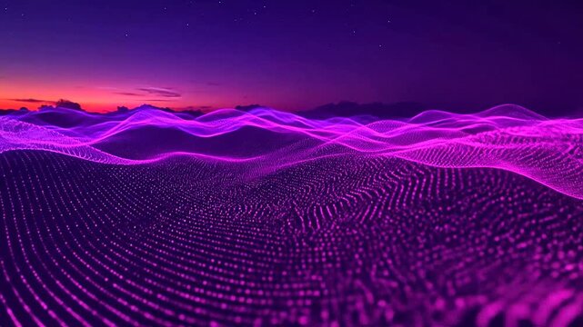 Abstract digital landscape with glowing dots and a beautiful purple and pink sky at dusk