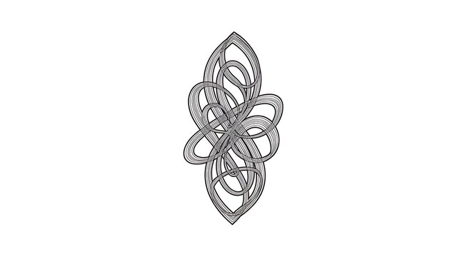 A symmetrical, intertwined design featuring flowing, interwoven lines within an elongated, oval shape against a plain white background
